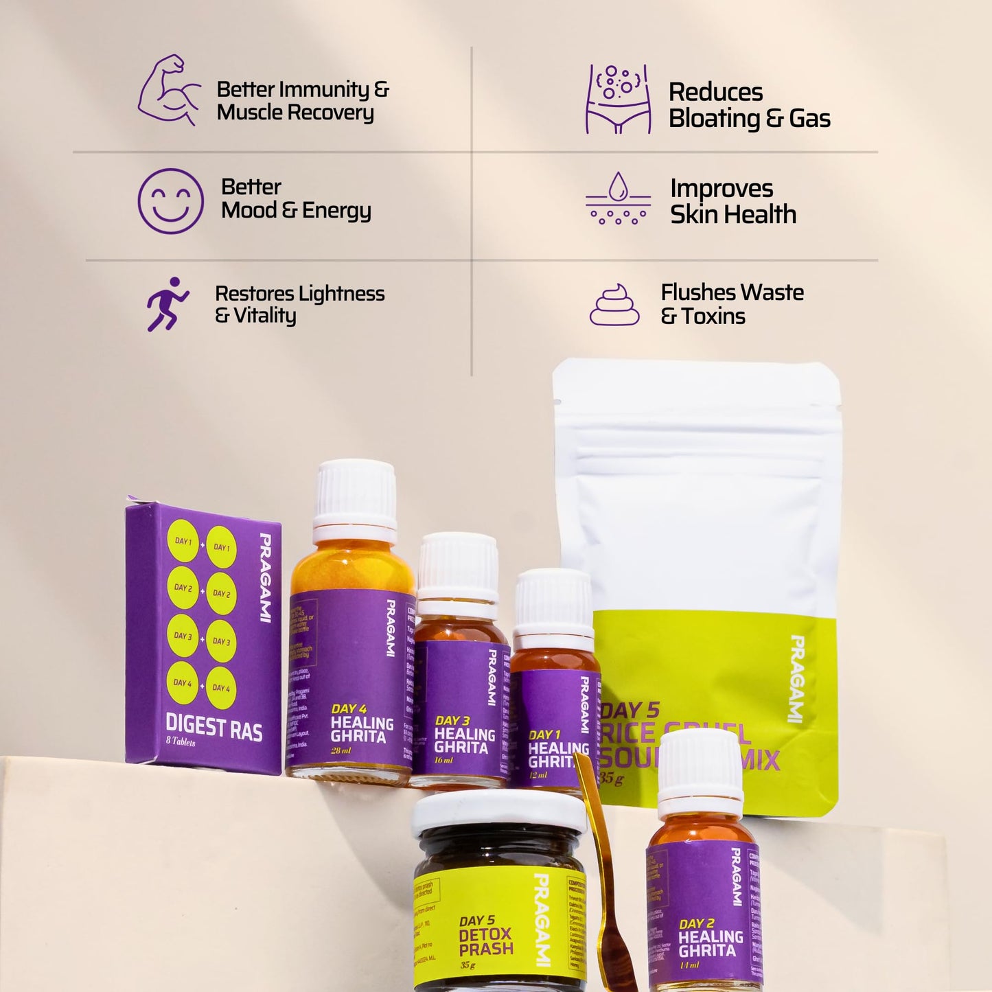 PRAGAMI Gut Cleanse & Daily Detox Combo | 5-Day Gut Reset Kit Above 75 Kg + Gut Shots 15×10Ml Pack Of 2 Gut Cleanse for Bloating, Constipation & Acidity Relief | A2 Bilona Ghee + Herbal Actives | Supports Gut Health, Microbiome & Immunity