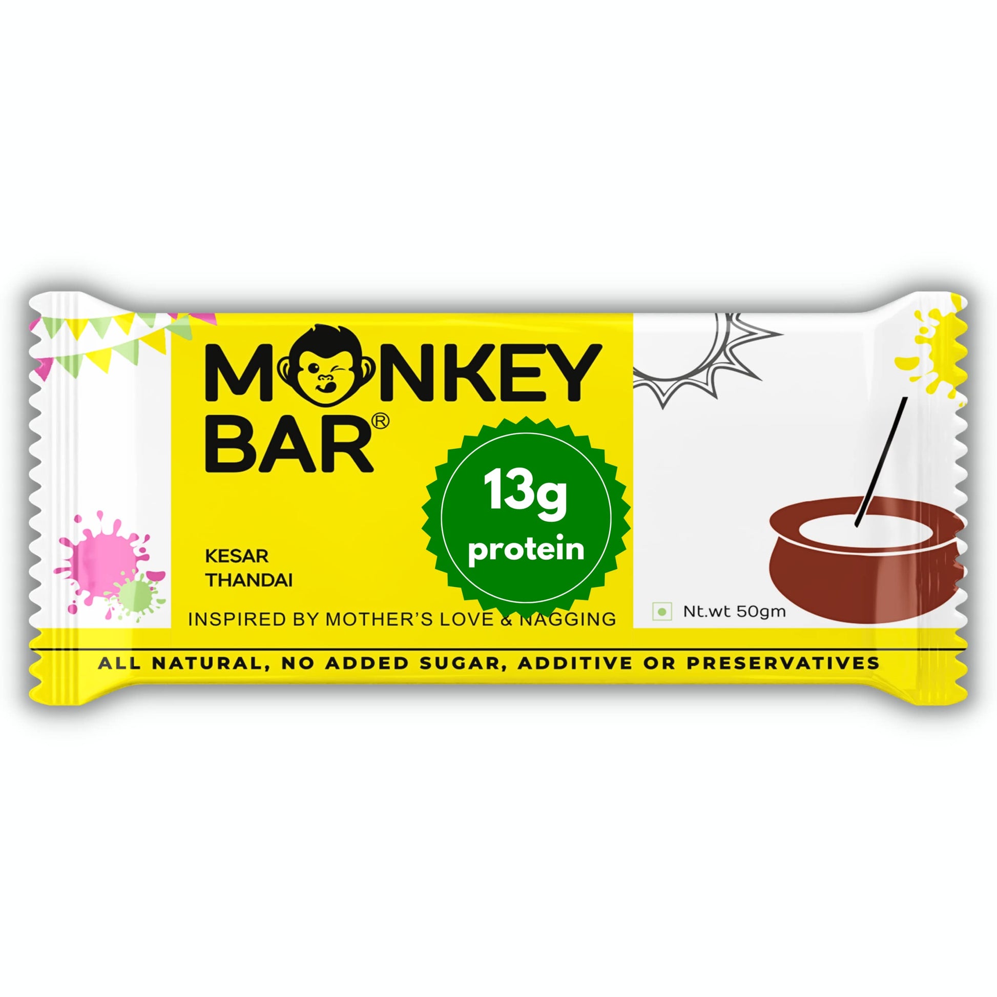MONKEY BAR - Kesar Thandai Protein Bars - 8 Bars, 50g each, 13g Protein, Healthy