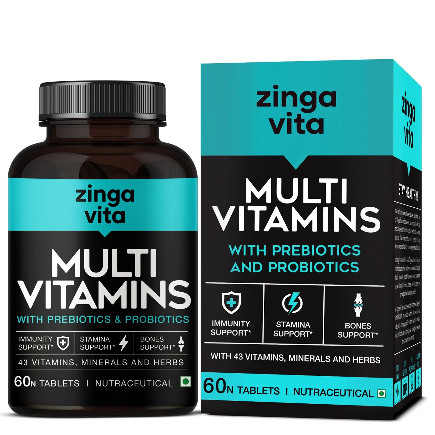 Zingavita Multivitamin (60 Tablets) for Men & Women | With 43 Essential Nutrients like Zinc, Vitamin C, D, Biotin & Probiotics for Gut Health, Daily Energy, Stamina & Muscles Recovery