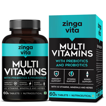 Zingavita Multivitamin (60 Tablets) for Men & Women | With 43 Essential Nutrients like Zinc, Vitamin C, D, Biotin & Probiotics for Gut Health, Daily Energy, Stamina & Muscles Recovery