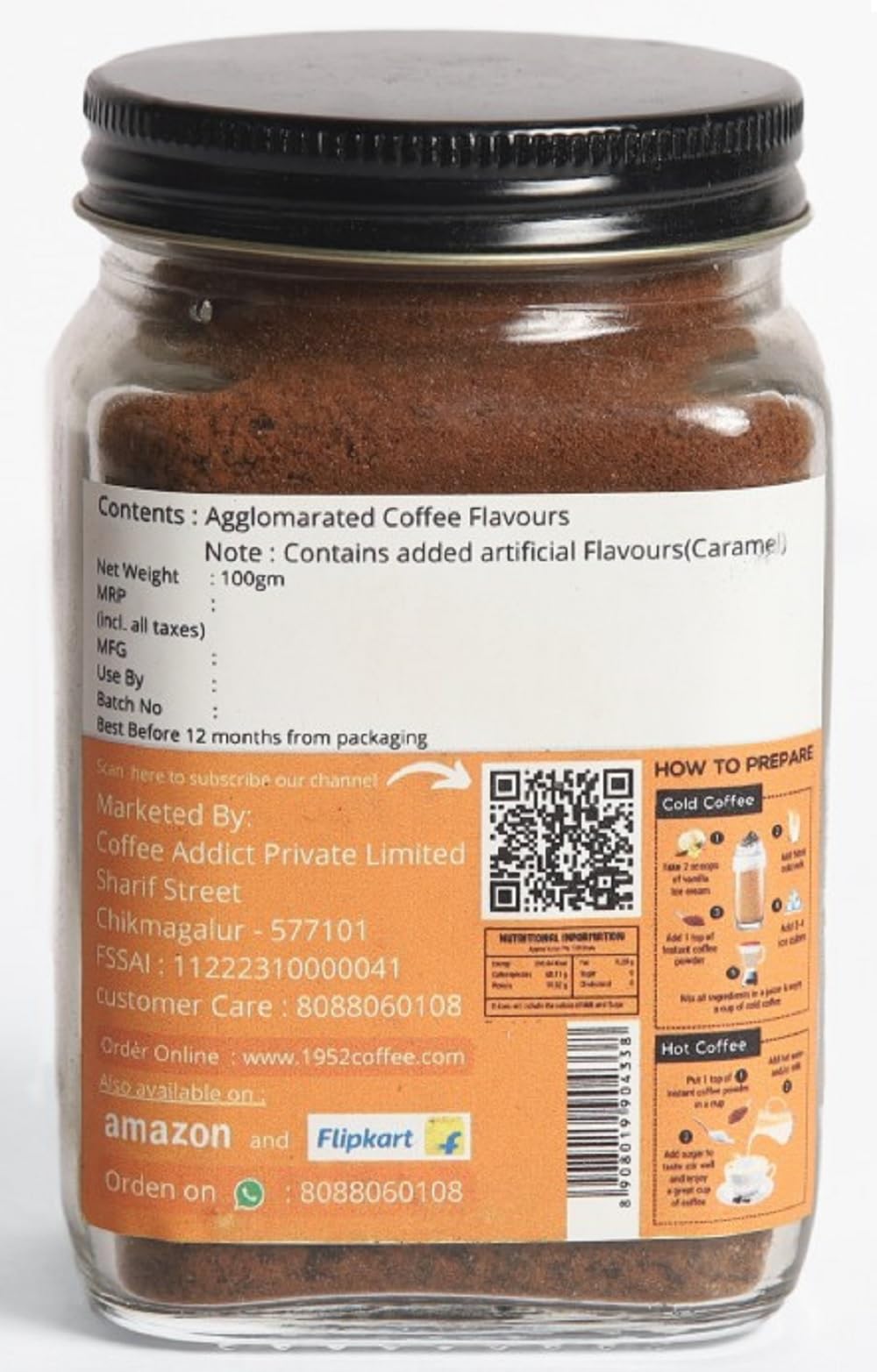 1952 Caramel Instant Coffee Powder | Premium Flavored Coffee | Rich & Creamy Taste | Easy to Brew Hot & Cold | Strong & Aromatic Instant Coffee | Makes 50 Cups 100 G, Jar