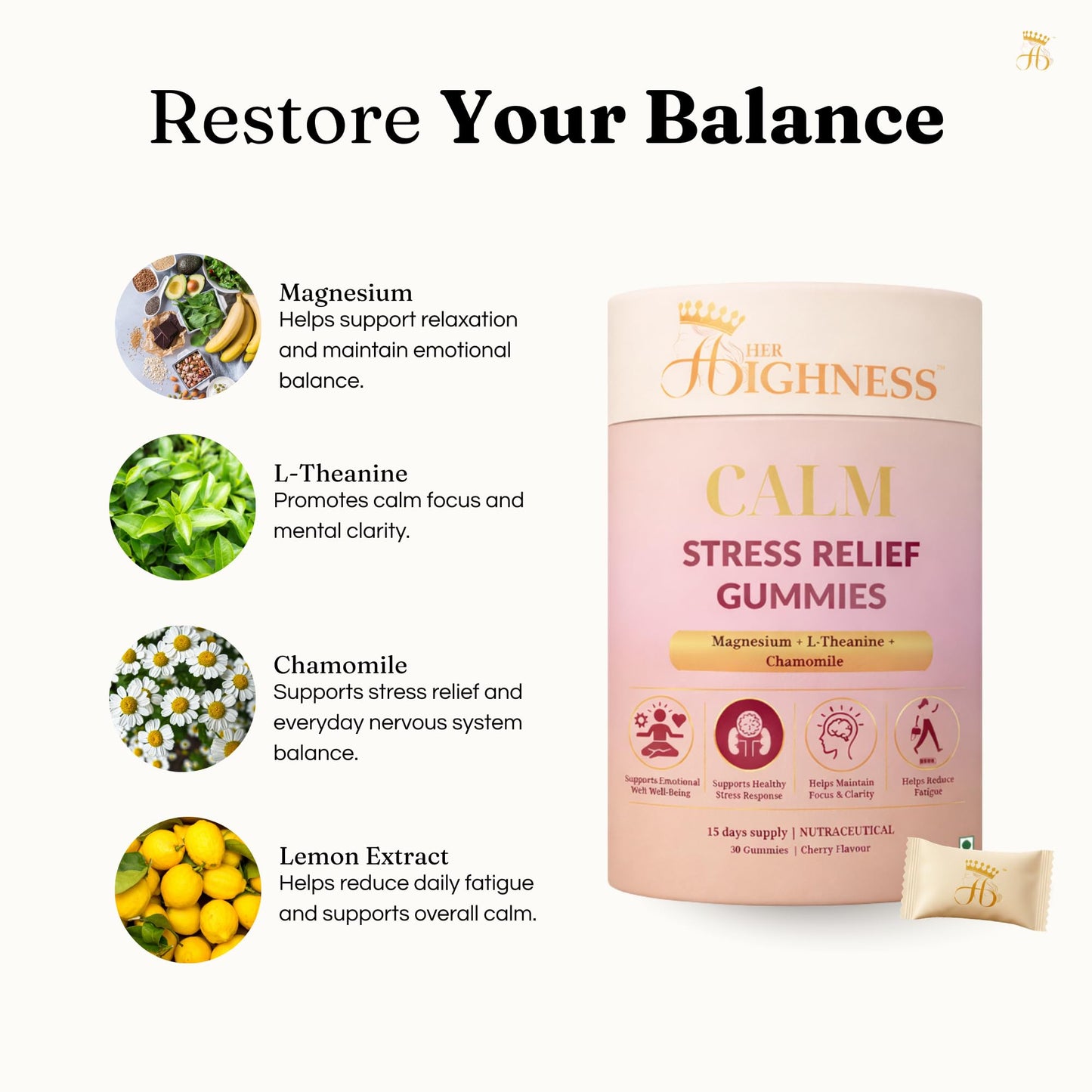 Her Highness CALM Stress Relief Gummies for Women | 30 Gummies | Magnesium, L-Theanine, Chamomile | Stress Support, Emotional Balance, Focus & Relaxation | No Added Sugar | No Added Preservatives | 100% Veg | Cherry Flavour