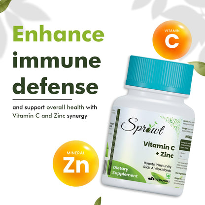 Sprowt Plant-Based Vitamin C with Zinc Capsules 30 Cap- Immune support supplement, Collagen Boost, Nutrient Absorption, Antioxidant Rich - Gluten-Free Formula