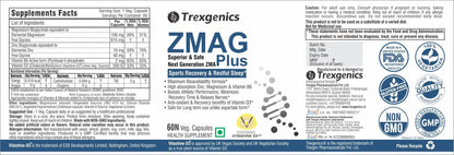 Trexgenics ZMAG PLUS Next Generation Sports Recovery, Restful Sleep complex with Bioactive Zinc & Magnesium Bisglycinate, Active B6 P5P & Vit. D3 Advanced, Bioavailable & Safe (60 Veg Capsules)