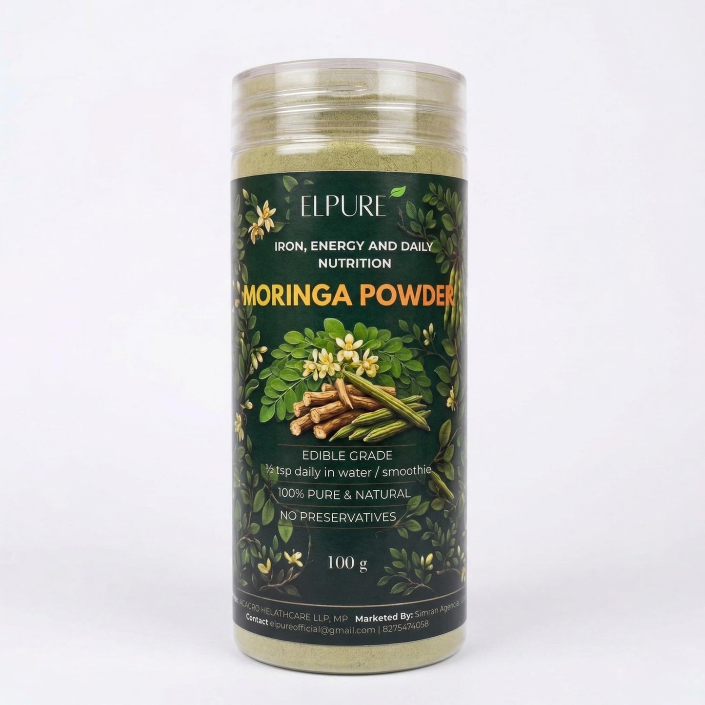 ELPURE Moringa Powder 100g - Pure & Natural Herbal Supplement for Iron, Energy & Daily Nutrition