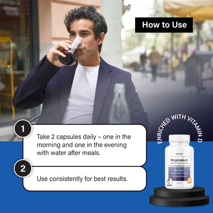 Sukham Magnesium Glycinate + Malate Capsules | 60 caps - 30 days | High Absorption Supplement | Helps with Better Sleep, Muscle & Bone Health | With Ashwagandha and Vitamin D3 | For Men & Women