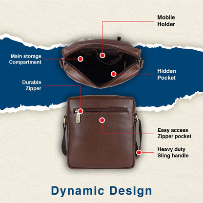 HAMMONDS FLYCATCHER Unisex Adult Genuine Leather Sling Bag, Stylish and Spacious Crossbody Bag for Daily Use, Travel - Adjustable Strap, 1 Year Warranty - Brushwood, Brown