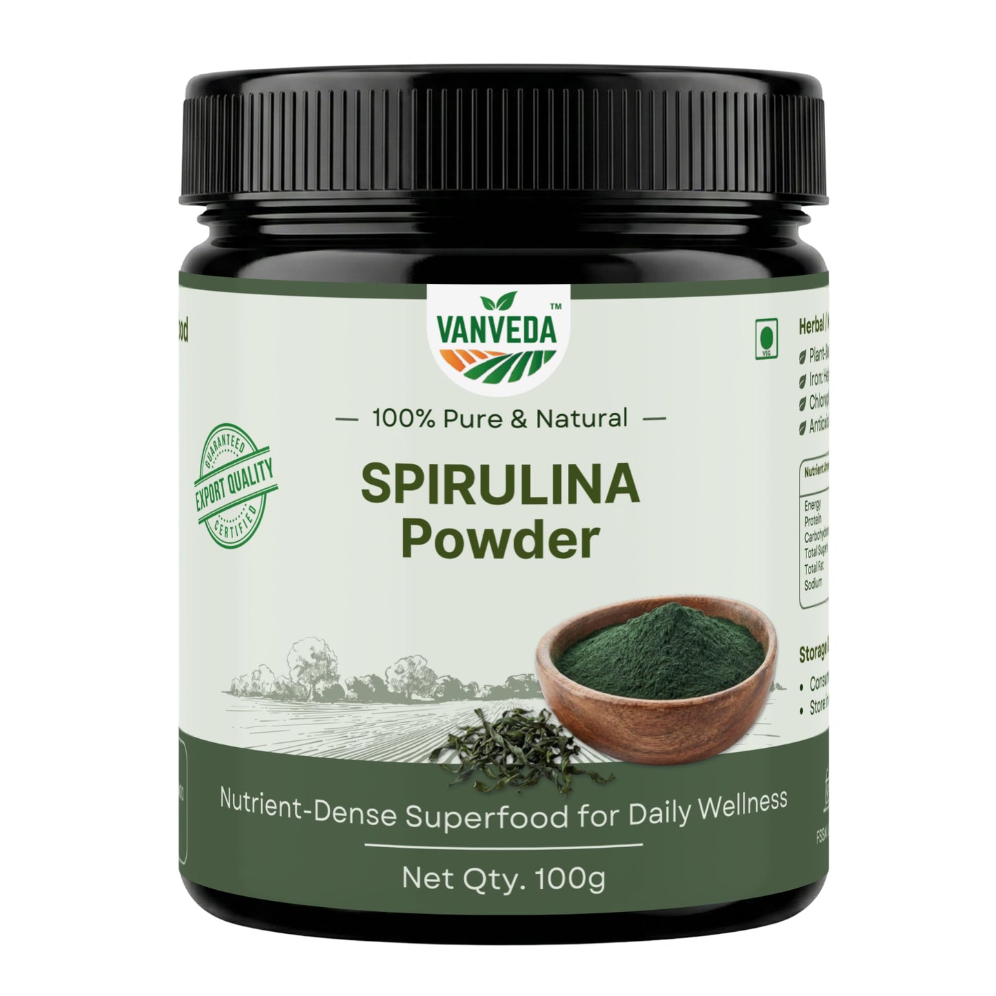 Vanveda 100% Organic Spirulina Powder | For Men & Women | Natural Superfood | Supports Energy, Immunity & Detox | Rich in Iron, Calcium, Potassium - 100GM