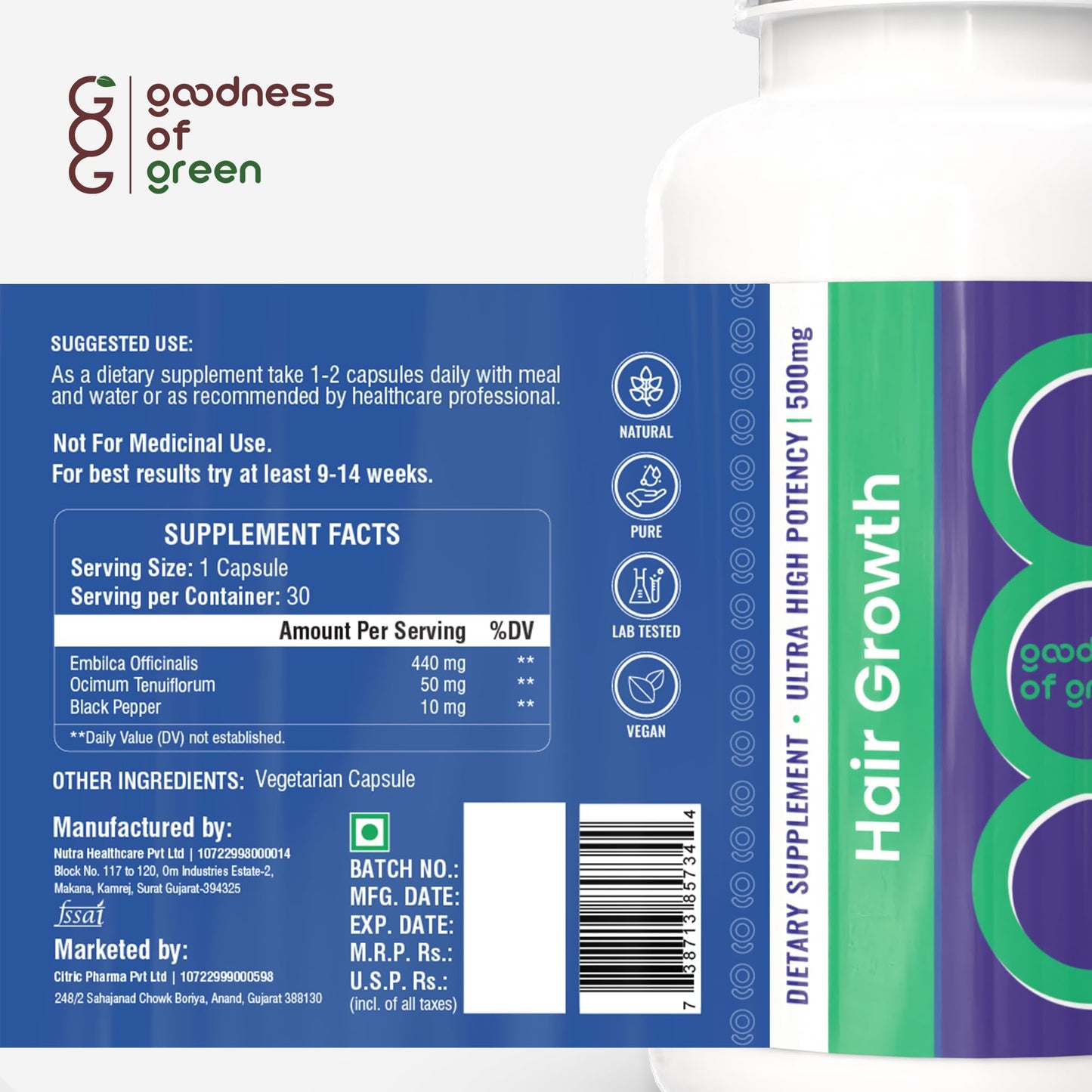 Goodness of Green Hair Growth Supplement, Reduces Hair Fall, Boosts Growth & Strengthens Roots, Herbal Capsules with Amla, Tulsi & Black Pepper, 100% Natural, Plant-Based, Vegan, 30 Capsules