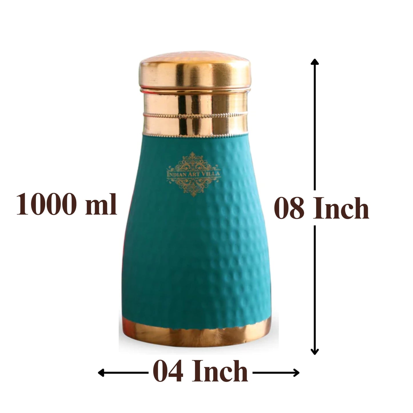 INDIAN ART VILLA Pure Copper Bedroom Water Bottle with Inbuilt Glass, Green Silk Finish Hammered Design, Drinkware & Storage Purpose - Volume - 1 litre (Pack of 2)