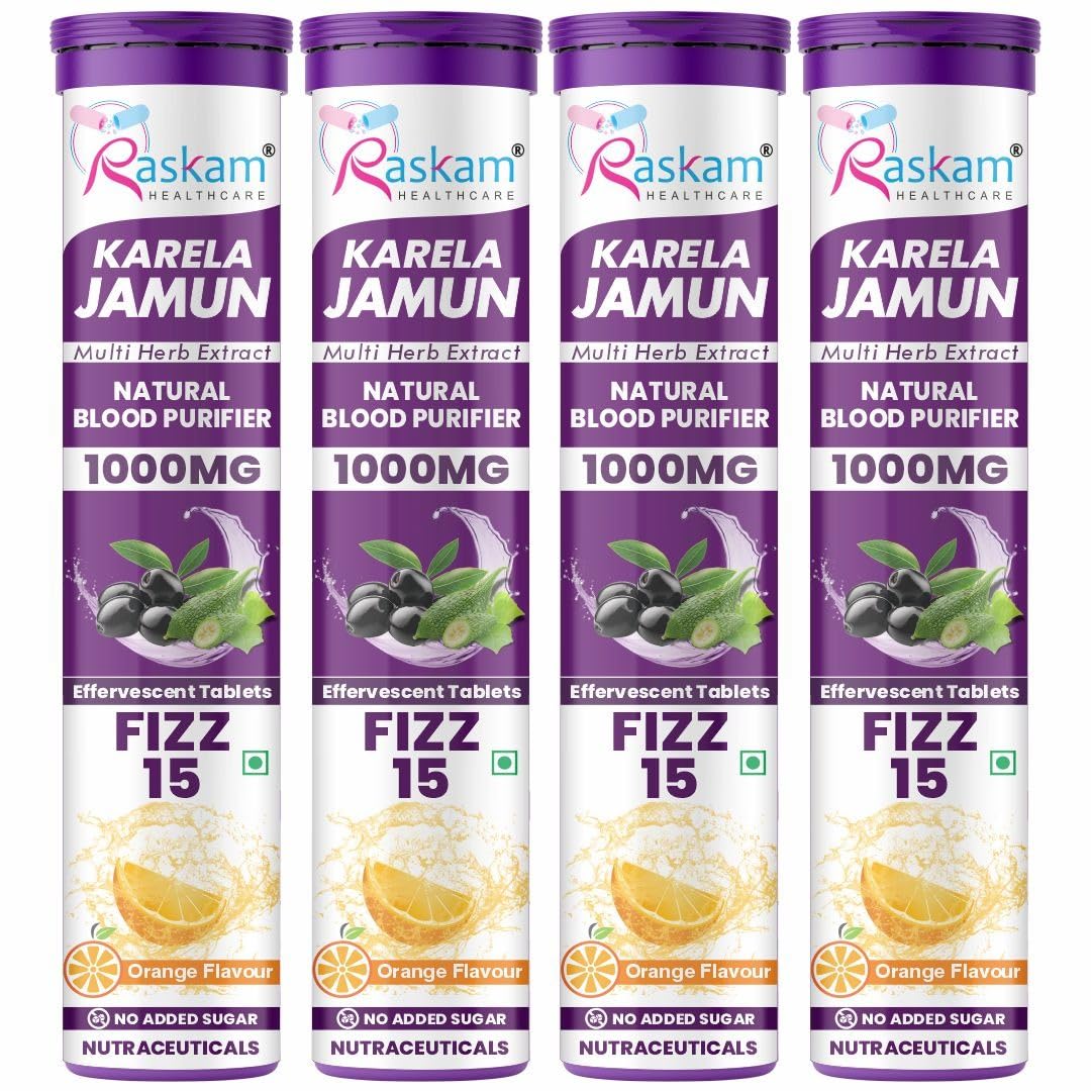 Raskam Karela Jamun Effervescent Tablets | Helps in High Sugar Condition|Promotes Healthy Glucose Levels | Boosts Digestive Health| Supports Daily Blood Sugar Management & Insulin Function| Orange Flavor, Pack of 4