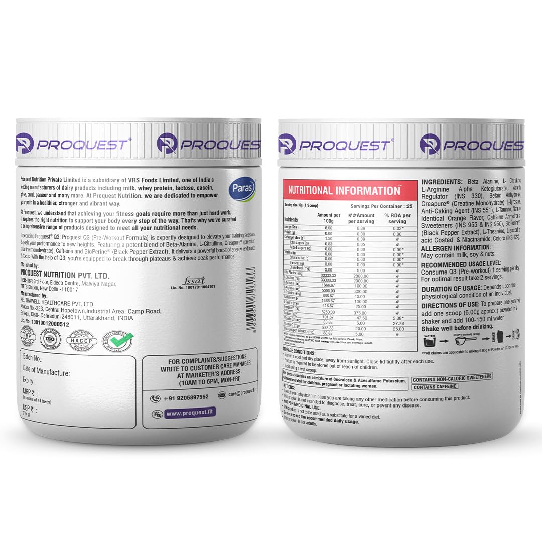 ProQuest Nutrition Q3 Pre-Workout Powder, Salted Watermelon, Flavour, 150g (25 Servings) | With Beta-Alanine & Creatine | Muscle Pump, Energy, Focus, Endurance & Performance | Zero Added Sugar