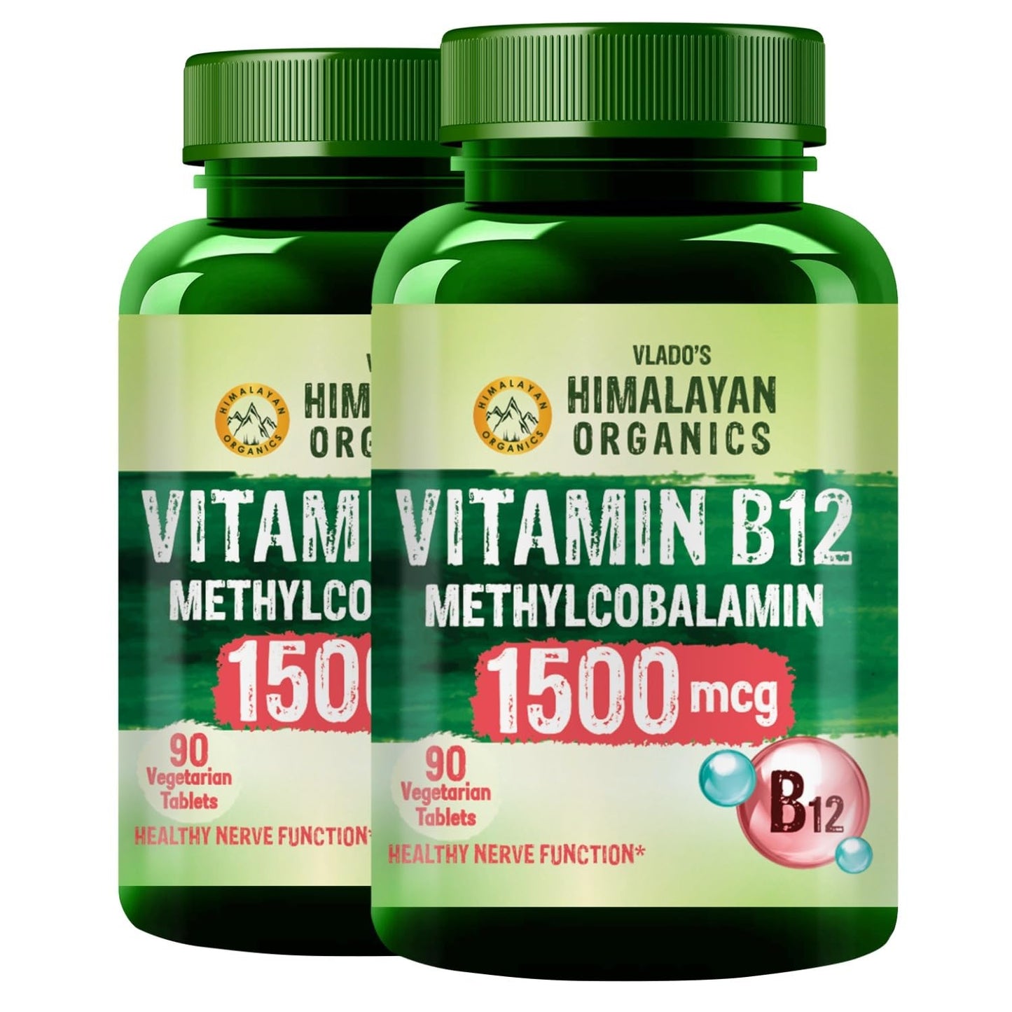 Vlado's Himalayan Organics Vitamin B12 Tablets 1500 mcg -Active form of Methylcobalamin Vitamin B12 Supplements for Men & Women - Pack of 2-180 Veg Tablets