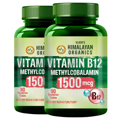 Vlado's Himalayan Organics Vitamin B12 Tablets 1500 mcg -Active form of Methylcobalamin Vitamin B12 Supplements for Men & Women - Pack of 2-180 Veg Tablets