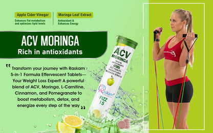 Raskam ACV Moringa 500mg Shikanji Flavour 15 Effervescent Tablets For Gut Health | Weight Loss | Reduces Stress | 100% Vegan | 15 Tablets Each (Pack of 1)