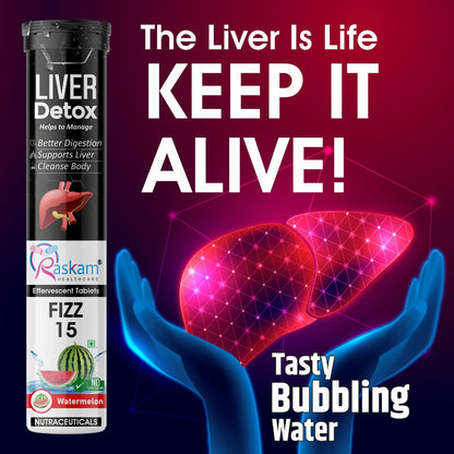 Raskam Liver Detox Effervescent – Plant-Based Detox with 9 Ayurvedic Herbs | Sugar-Free | Refreshing Watermelon Flavor | Drop, Fizz, Sip | Fizz 15 Tablets Pack of 2