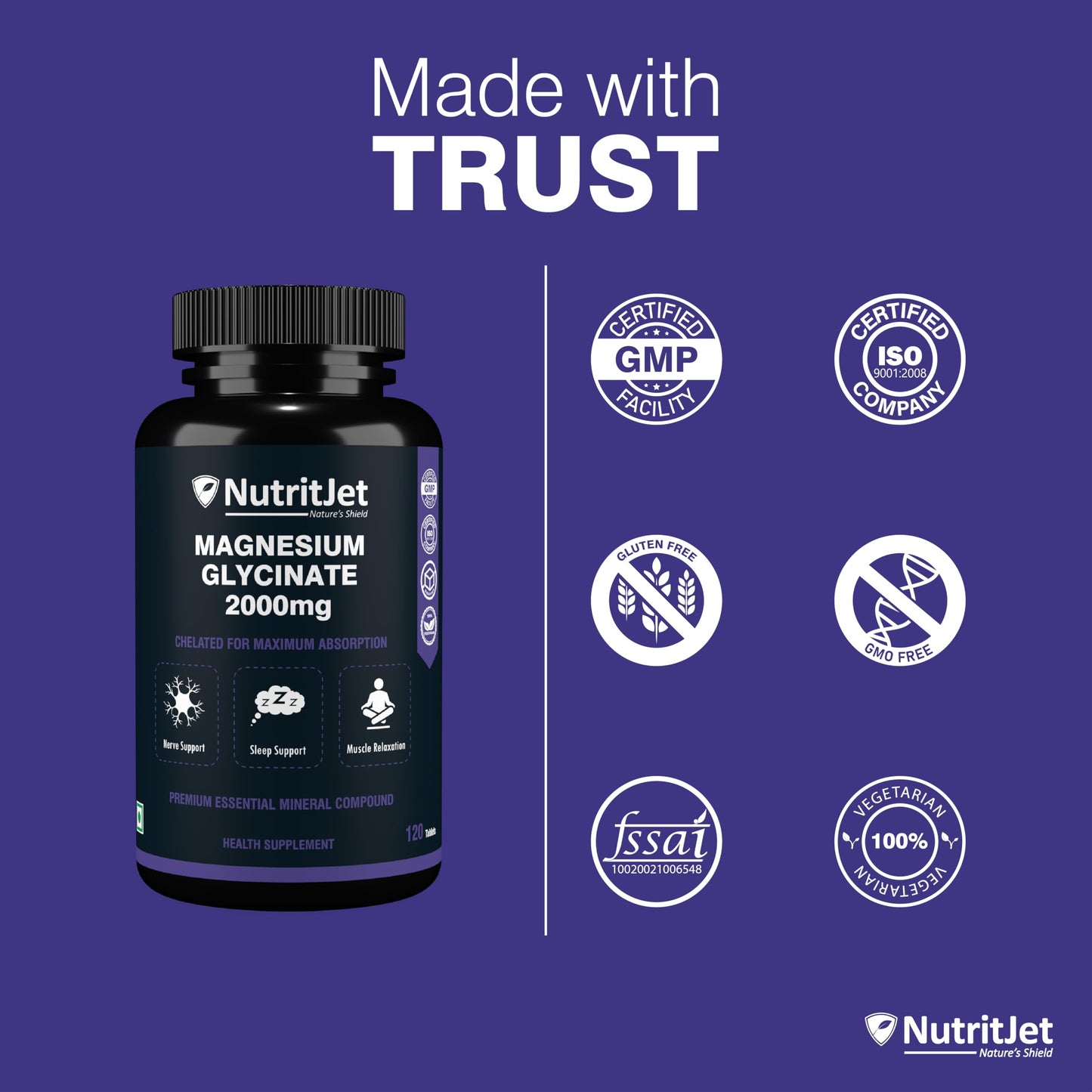 NutritJet Magnesium Glycinate Supplement 2000mg – 120 Veg Tablets | Magnesium Supplement For Sleep, Cramps, Recovery, Nerve & Muscle Function
