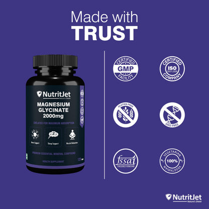 NutritJet Magnesium Glycinate Supplement 2000mg – 120 Veg Tablets | Magnesium Supplement For Sleep, Cramps, Recovery, Nerve & Muscle Function