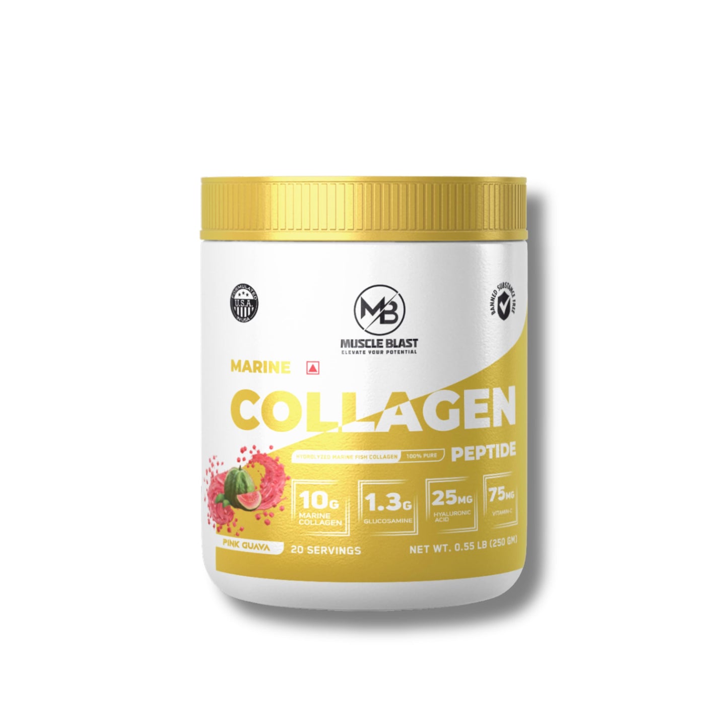 Muscle Blast Marine Collagen Peptide Powder with Glucosamine, Hyaluronic Acid & Vitamin C, Supports Joint, Skin, Hair & Bone Health, 10g Collagen per Serving, 20 Servings (250g) (Pink Guava)