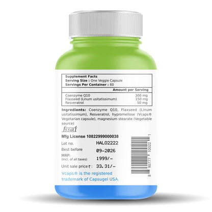 Coenzyme Q-10 300 mg,Enriched with Resveratrol & Omega-3 EPA/DHA || 60 capsules Healthy Heart|| Brain|| Immunity | (Pack of 1 |(60 Capsules)|)