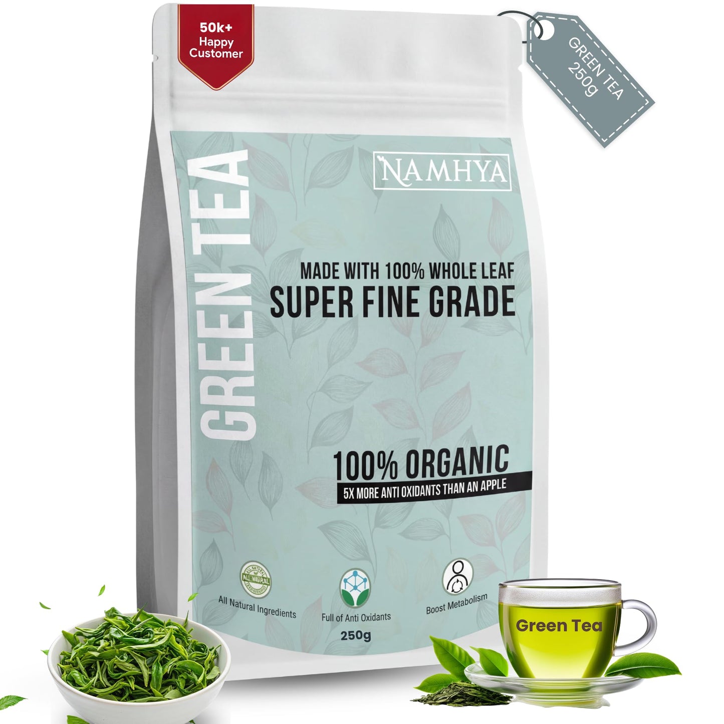Namhya - Whole Leaf Green Tea - 250g (125 Cups) - Boosts Metabolism, Burns Fat, Supports Heart & Brain - Pure Green Tea Leaves - Natural, No Preservatives - Balances Pitta & Kapha, Supports Digestion