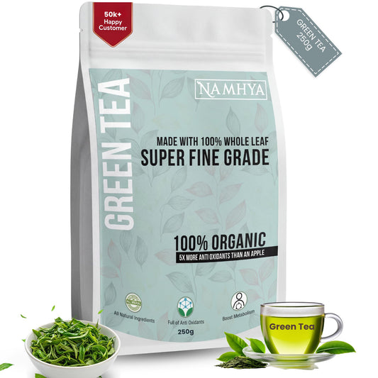 Namhya - Whole Leaf Green Tea - 250g (125 Cups) - Boosts Metabolism, Burns Fat, Supports Heart & Brain - Pure Green Tea Leaves - Natural, No Preservatives - Balances Pitta & Kapha, Supports Digestion
