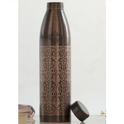 INDIAN ART VILLA 100% Pure Copper Water Bottle, Antique Dark Embossed Design, Ayurvedic Vessel for Yoga & Health, 900ml