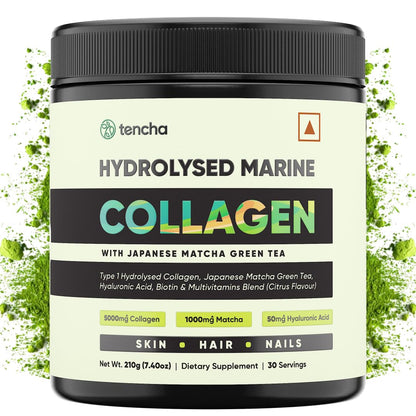 Tencha Marine Collagen Supplements Powder For Women & Men, 30 Servings, 210 Gm|No Fishy Smell|For Glowing Skin, Healthy Hair, Strong Nails|Hydrolysed Collagen, Hyaluronic Acid, Mutivitamins, Biotin