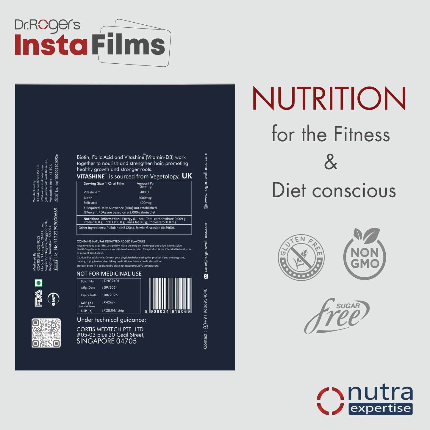 Nutra Expertise Hair Care Insta Films with Vitashine, Biotin & Folic Acid for Healthy, Thick & Shiny Hair, 15 Oral Films in Zipper Pouch