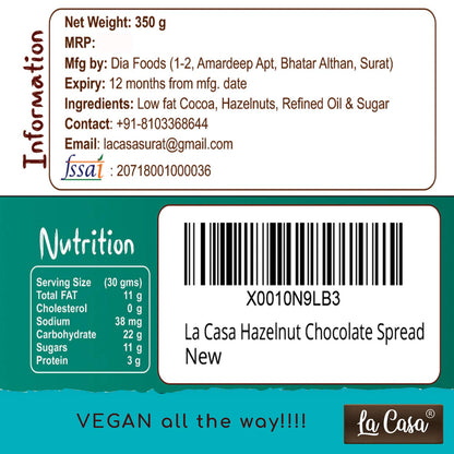 La Casa Vegan Hazelnut Chocolate Spread|All Natural|Product Of India |350 Gram