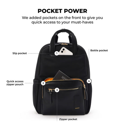 MOKOBARA Sundae Backpack | Fits 15 Inch Laptop, 20L Capacity, Scratch-Free Microsuede Lining | Water Resistant Soft Nylon Fabric, Vegan Leather Trims | Organized Travel | Money Moves, Black