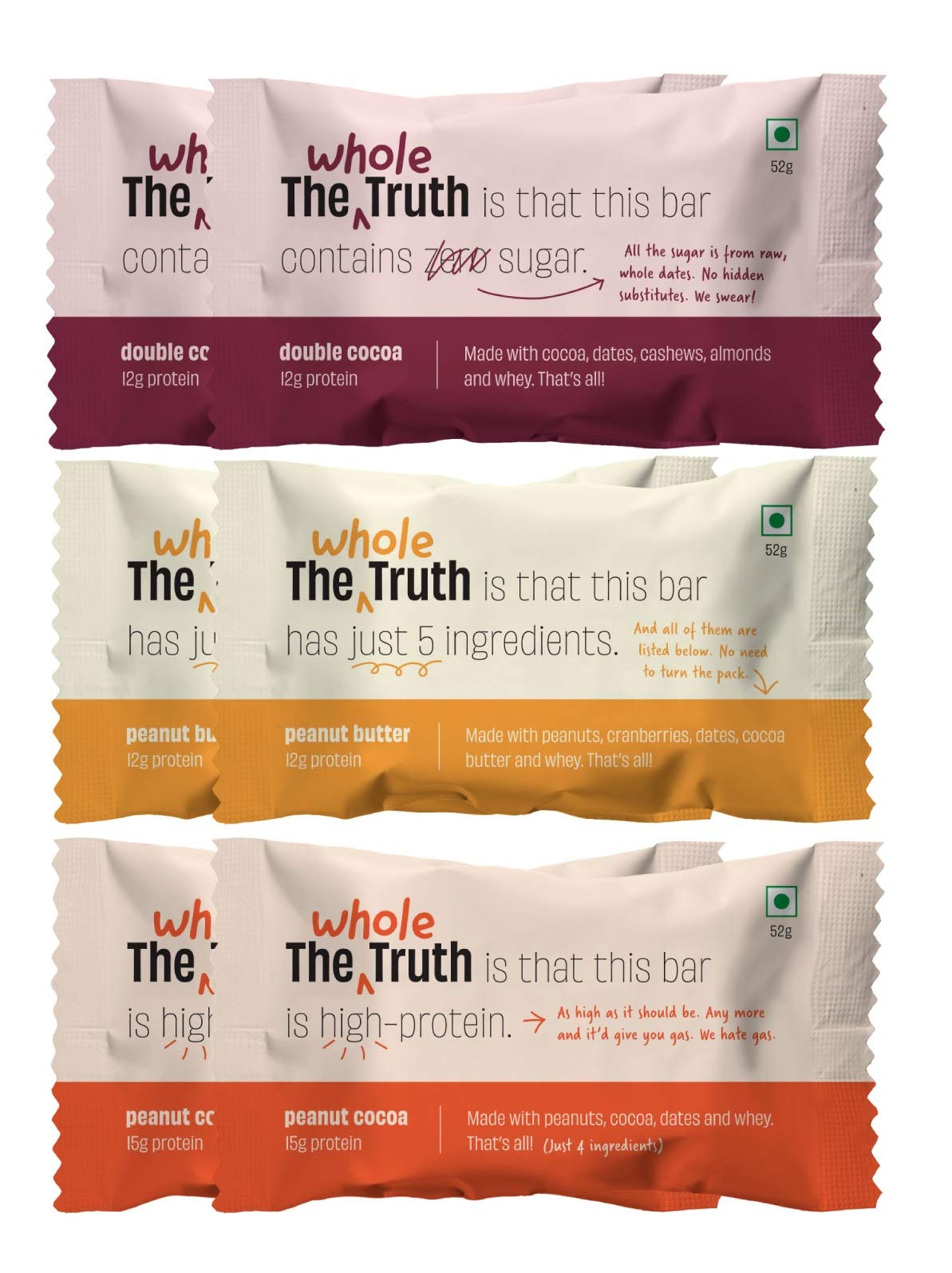The Whole Truth - Protein Bars | Peanut Heavy (2 Double Cocoa Bars, 2 Peanut Coc