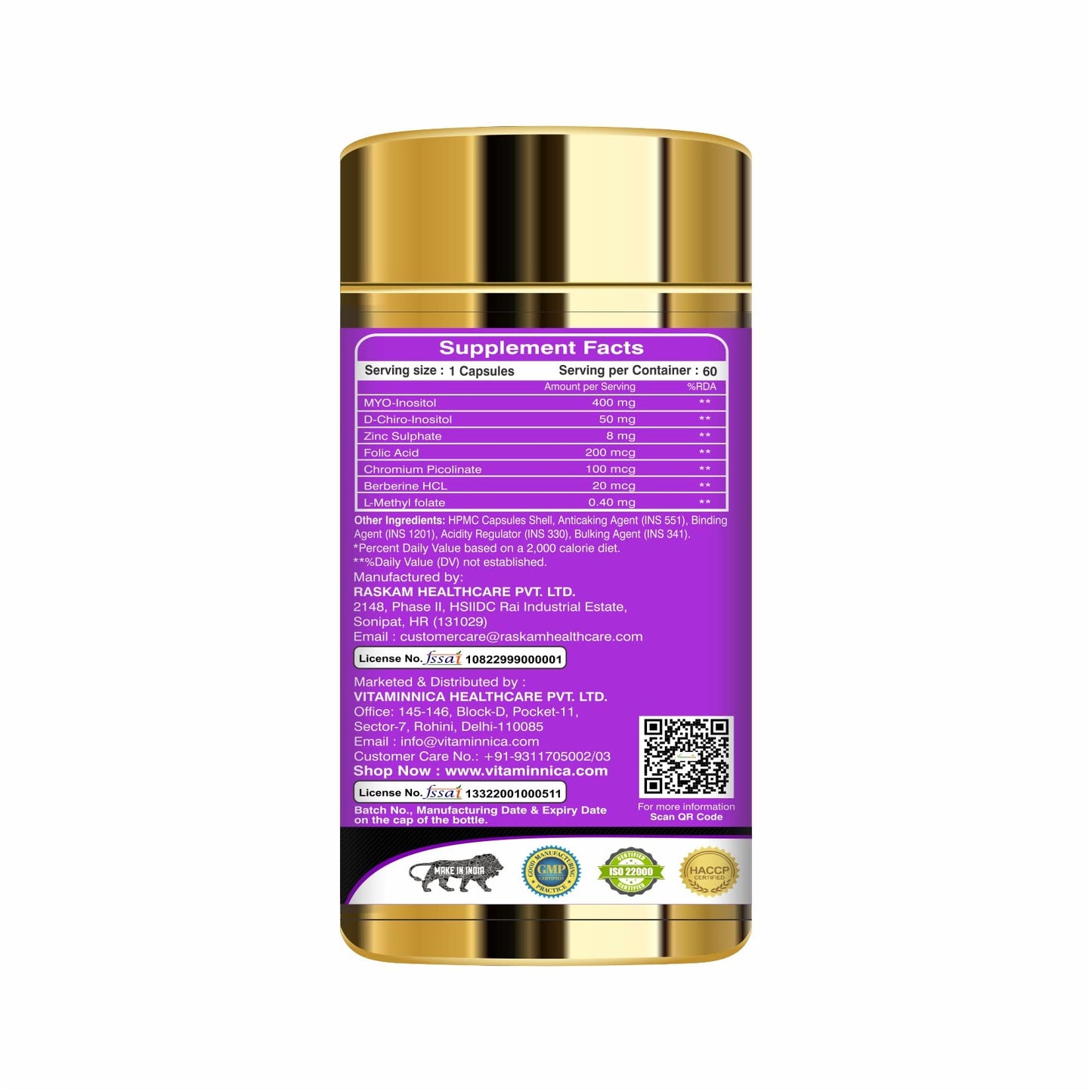 Vitaminnica Her Health PCOS Supplement for Women & Girls- Manages Irregular Delay Periods, PCOS Symptoms, Support Hormonal Balance, Weight Management | 60 Veg Capsules (Pack of 1)