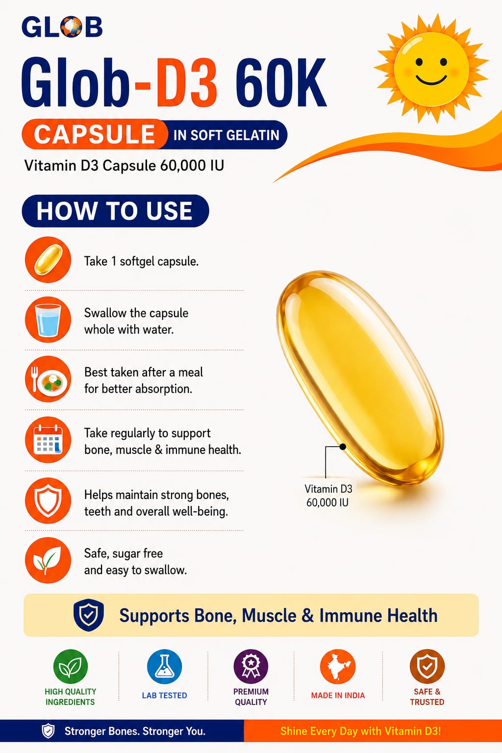 GLOB D3 60K Cholecalciferol Vitamin D3 60000 IU Softgel Capsules Once Weekly Use Pack of 5