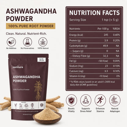 Sanoura Ashwagandha Powder 200g | Pure Root Powder | Lab Tested | Stress, Sleep & Stamina Support