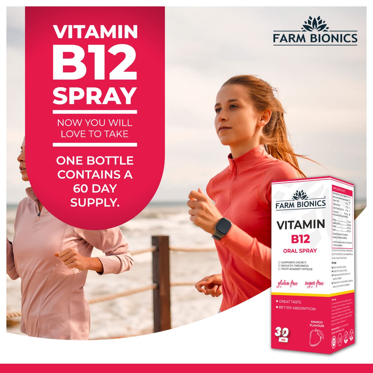 FARM BIONICS Vitamin B12 Oral Spray, 30Ml | 100% Vegetarian | Sugar Free | Gluten Free | Immunity Booster Spray For Men & Women | Pocket Friendly (Mango, Pack of 2), Drop