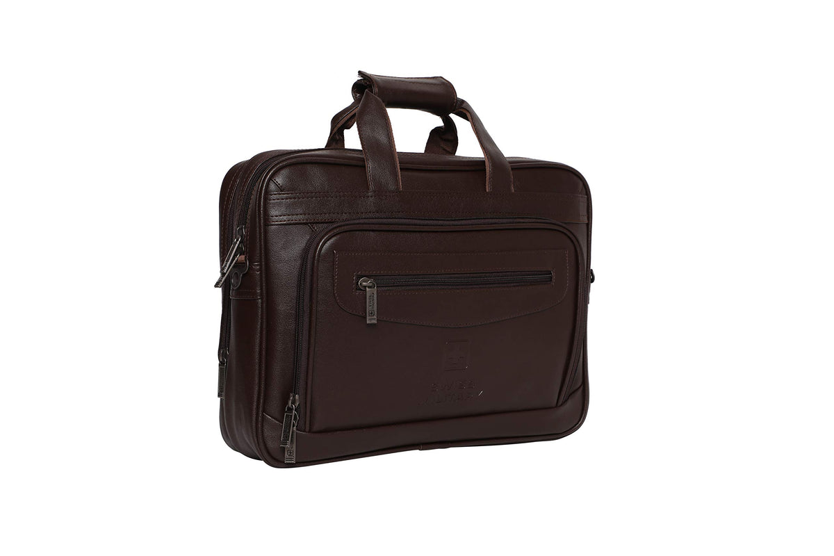 SWISS MILITARY VERBEPRO Premium Leatherette Laptop Sling Bag with 15.4 Inch Padded Compartment, Organizer Pocket & File Section, Premium Zippers & Detachable Strap, Use for Office, Business - Brown