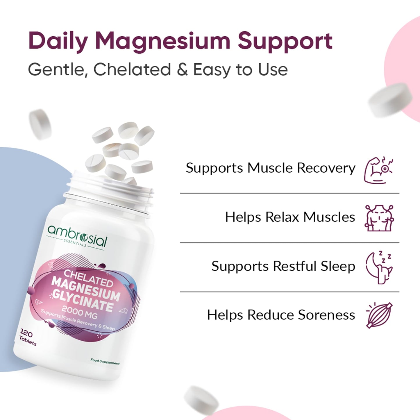 Ambrosial Chelated Magnesium Glycinate 2000mg | Provides 440mg Elemental Magnesium per Serving | 120 Vegan Tablets
