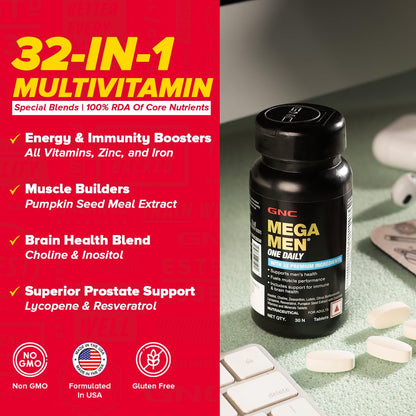 GNC Mega Men One Daily Multivitamin|30 Tablets|32 Premium Ingredients|Promotes Men'S Well-Being|Supports Muscle Function|Boosts Immunity|Improves Memory & Focus|Formulated In Usa,1 Count,30 Servings
