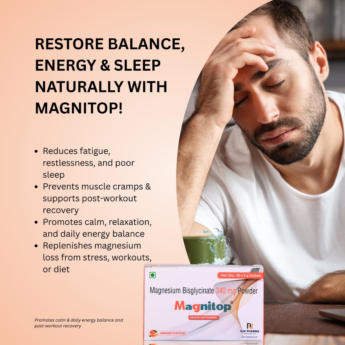 Magnitop Magnesium Health Supplement Bis-glycinate 340 mg Powder Pack of 30 Sachets Orange Flavour