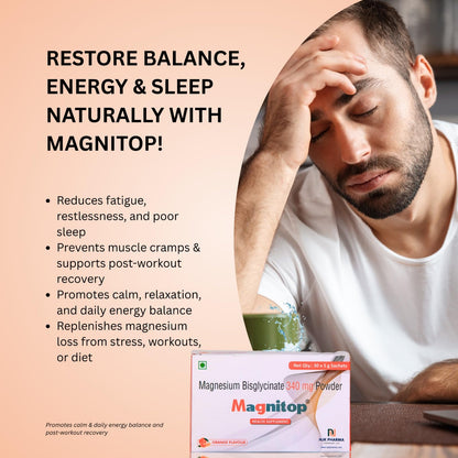 Magnitop Magnesium Health Supplement Bis-glycinate 340 mg Powder Pack of 30 Sachets Orange Flavour