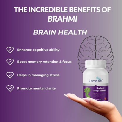 Truventiv Brahmi (Bacopa Monnieri) 500mg Tablets | Memory, Focus & Brain Health Support | Ayurvedic Herbal Supplement | Supports Cognitive Function, Sleep & Overall Wellness | 90 Tablets