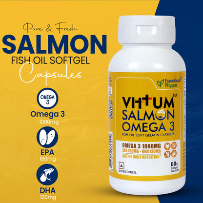Essentium Phygen Vittum Omega-3 Salmon Fish Oil 1000mg, 60 Softgel Capsules, No Smell, EPA & DHA Supplement for Heart, Brain, and Eye Health