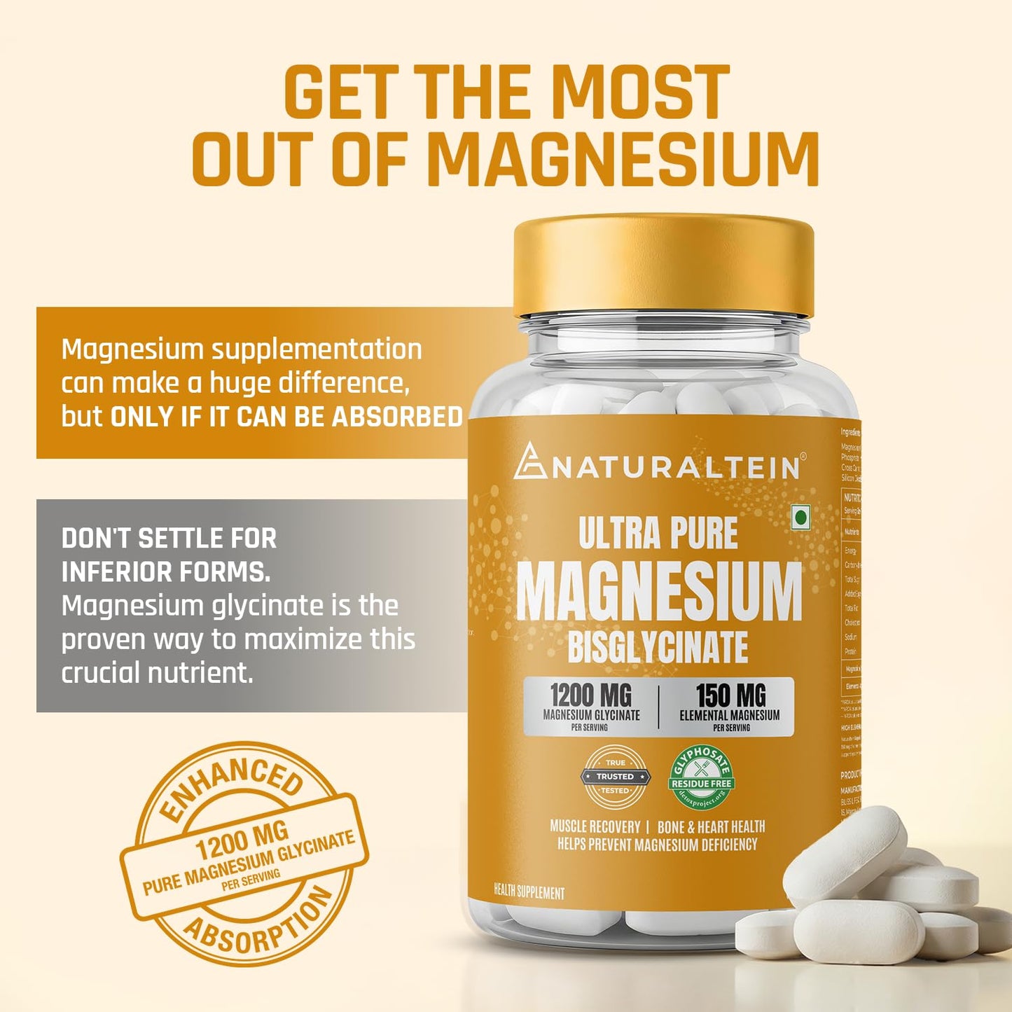 Naturaltein Magnesium Glycinate 1200mg (150mg Elemental) | Chelated High Absorption Magnesium Supports Sleep Quality & Muscle Relaxation | Glyphosate Tested | 60 Tablets