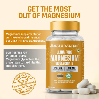Naturaltein Magnesium Glycinate 1200mg (150mg Elemental) | Chelated High Absorption Magnesium Supports Sleep Quality & Muscle Relaxation | Glyphosate Tested | 60 Tablets
