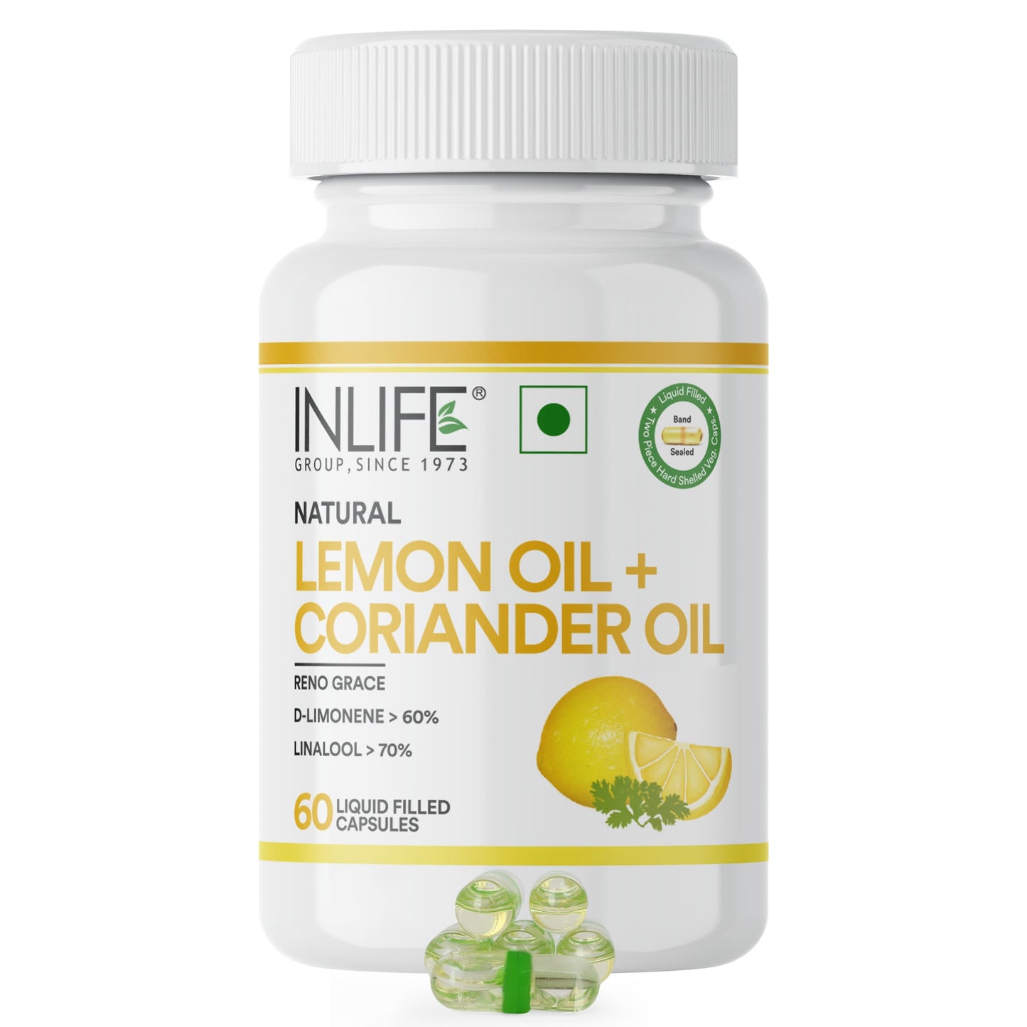 INLIFE Natural Lemon Coriander Oil Capsules | 60 Liquid Filled Vegetarian Capsules