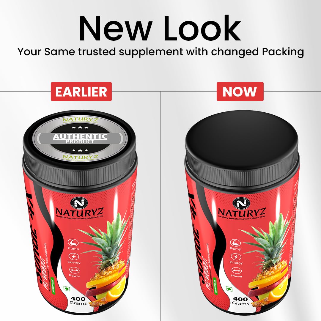 Naturyz Surge 4X Pre Workout, 400g Powder (Mix fruit fusion flavour) with 4000mg Beta-Alanine, 3500mg L- Citrulline,Creatine,L- Arginine & Aminos