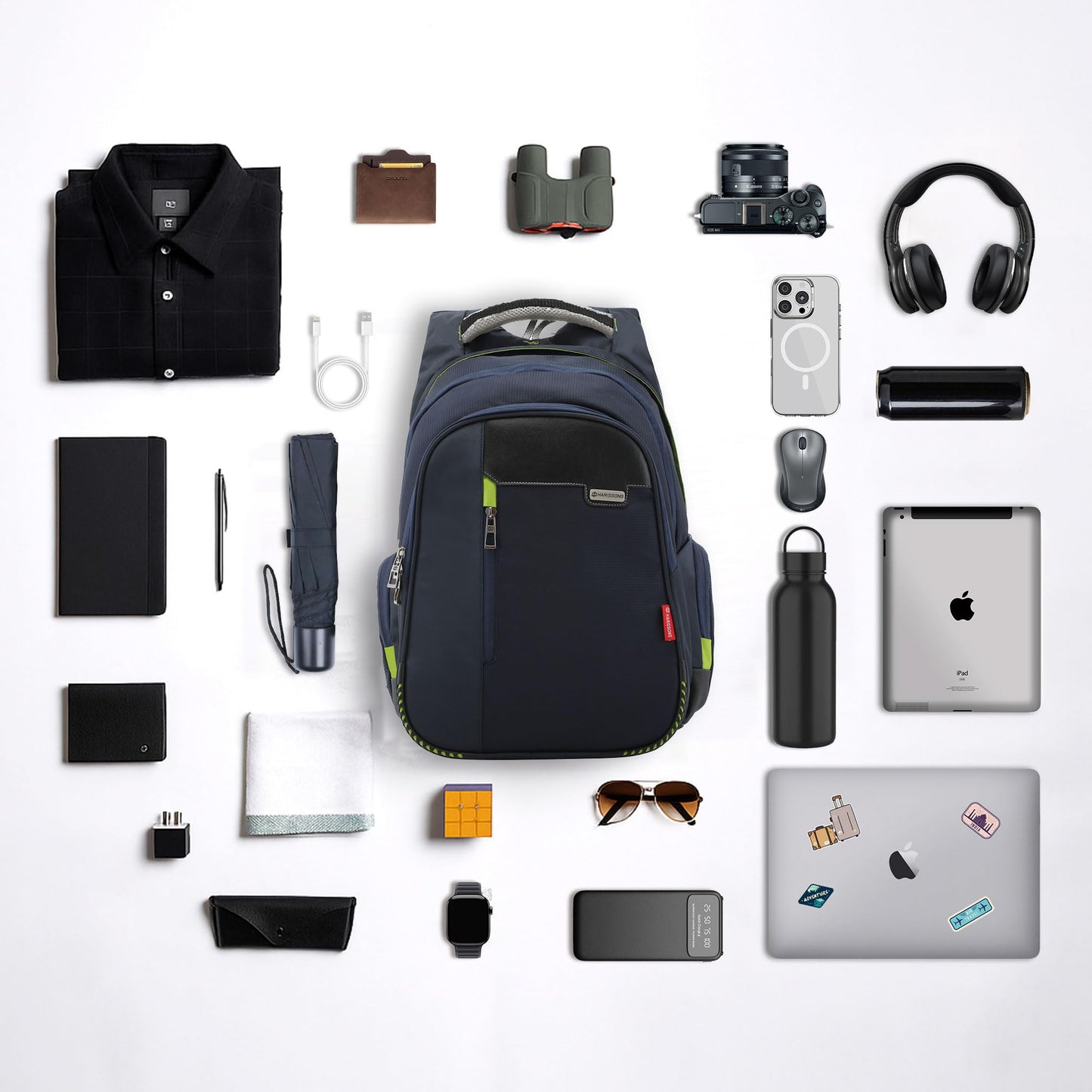 HARISSONS Sirius Travel Laptop Backpack | 45L | Fits 15.6” Laptop | Heavy-Duty Build | USB & Audio Port, Multi-Level Organizer, Trolley Sleeve | Work, Travel & College (Navy Blue)