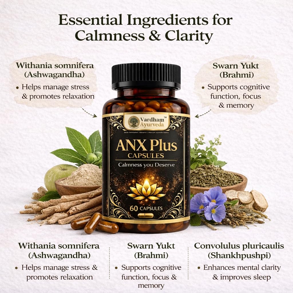 Vardham Ayurveda ANX Plus for Stress Relief & Mental Wellness | Anxiety Support with Ashwagandha, Shankhpushpi & Brahmi (Swarn Yukt) | Herbal Calm Mind & Sleep Support Supplement | 100% Ayurvedic Formula | 60 Capsules