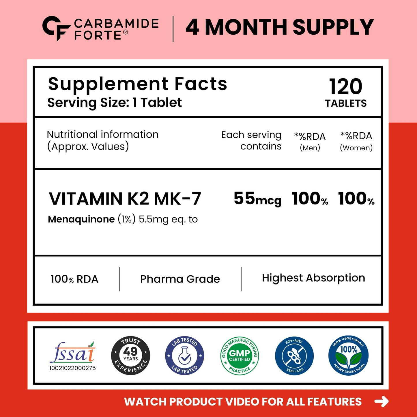 Carbamide Forte Vitamin K2 MK7 55 mcg | MK7 Form for Better Calcium Utilization | Vitamin K2 Supplement To Support Strong Bones & Heart Health for Men & Women | 120 Vegetarian Tablets